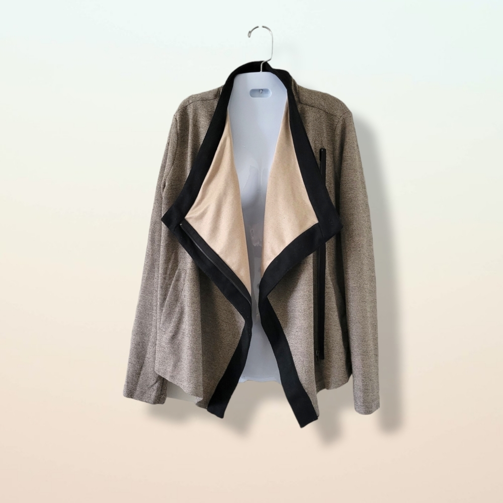 Hem & Thread | Taupe/Black Asymmetrical Zip Front Cardigan (SIZE M)